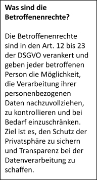 Was sind die Betroffenenrechte?
Die Betroffenenrechte sind in den Art. 12 bis 23 der DSGVO verankert und geben jeder betroffenen Person die Möglichkeit, die Verarbeitung ihrer personenbezogenen Daten nachzuvollziehen, zu kontrollieren und bei Bedarf einzuschränken. Ziel ist es, den Schutz der Privatsphäre zu sichern und Transparenz bei der Datenverarbeitung zu schaffen.